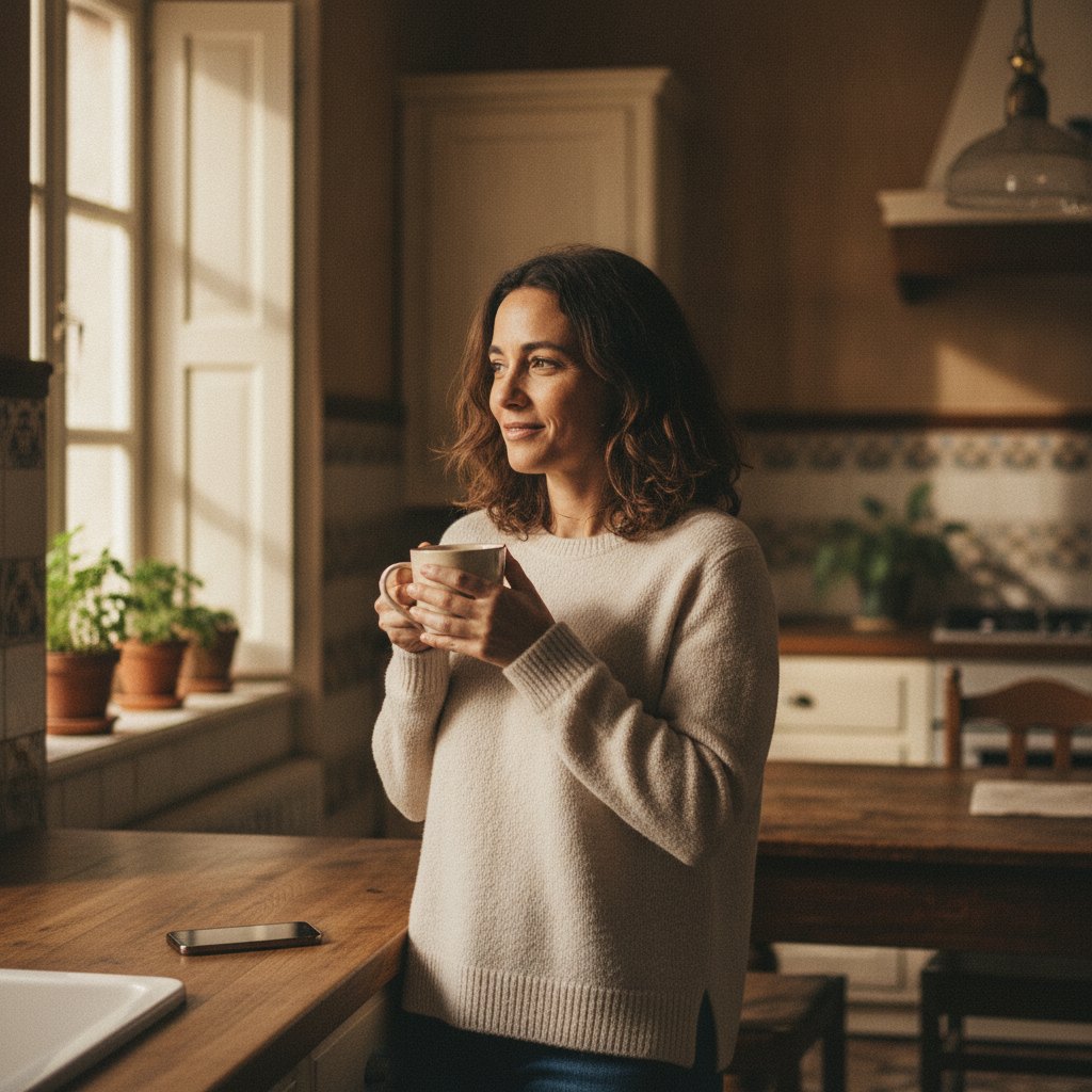 Pessoa tranquila com café, a sua loja a funcionar