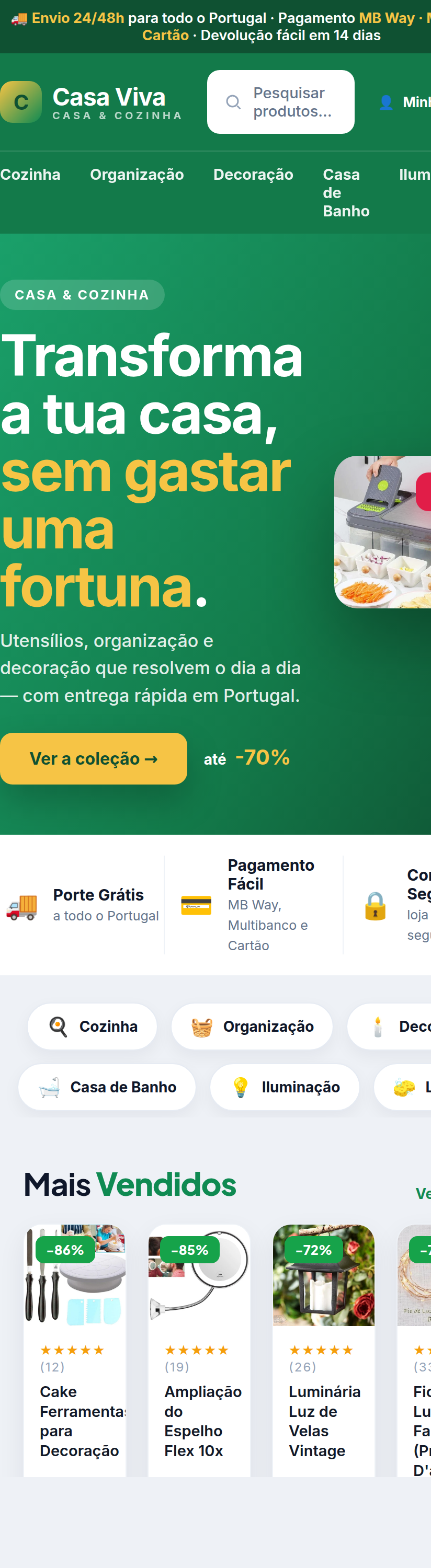 Loja pronta — vista em telemóvel