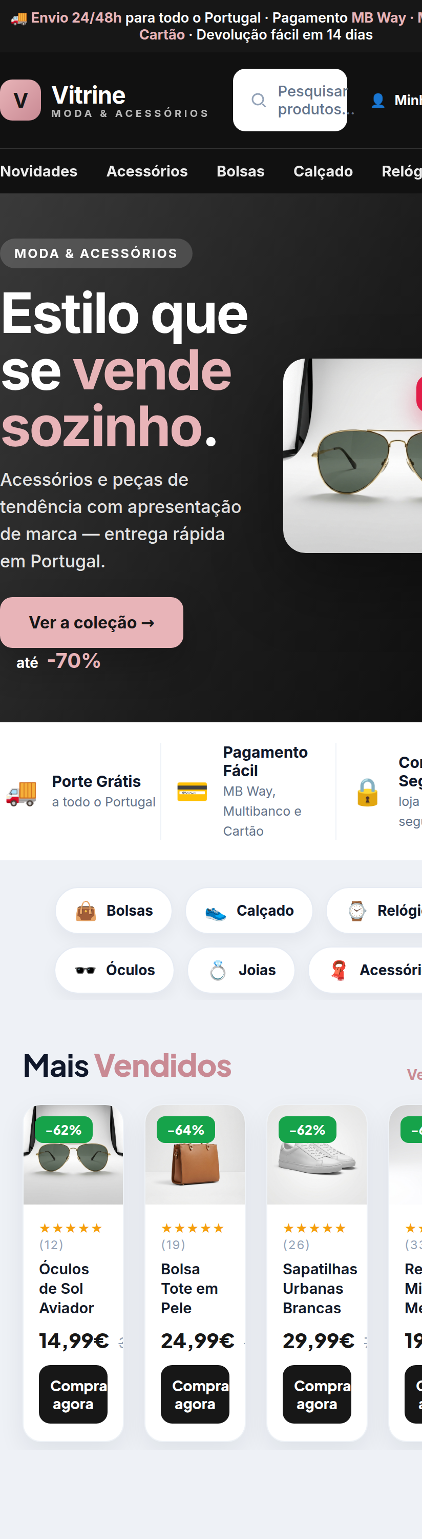 Loja pronta — vista em telemóvel