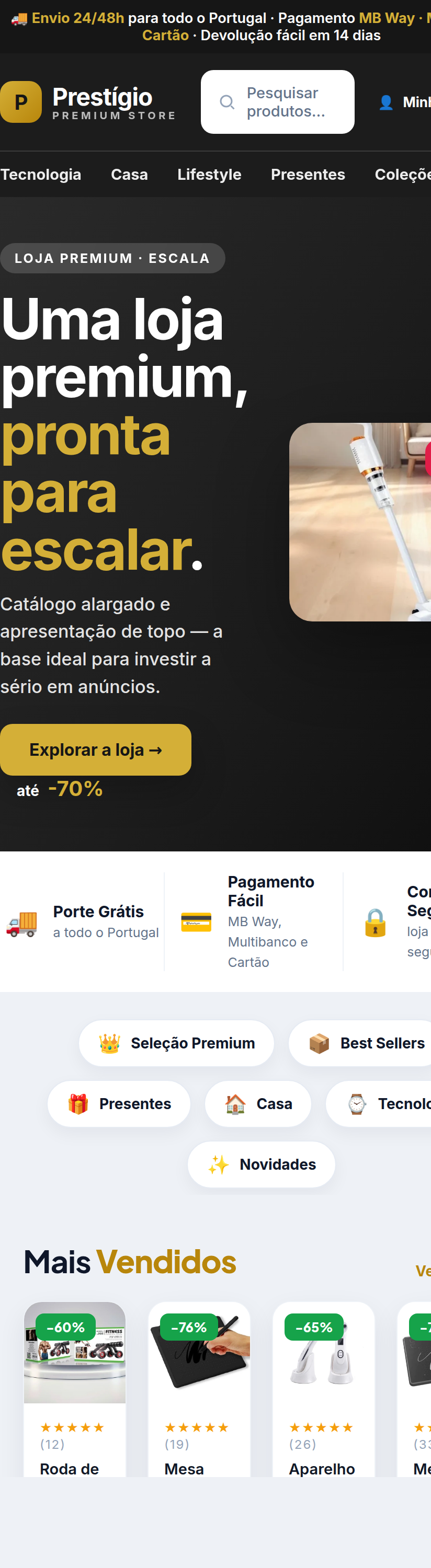 Loja pronta — vista em telemóvel