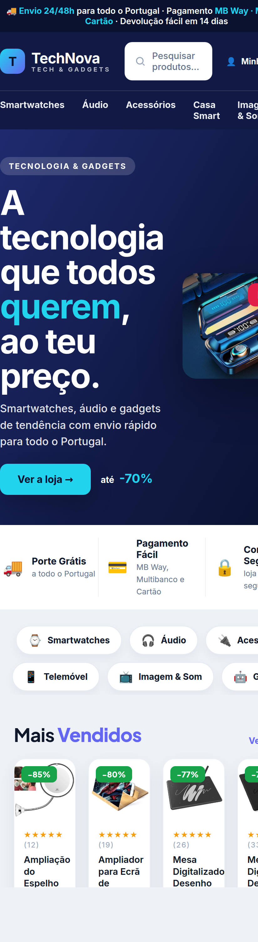 Loja pronta — vista em telemóvel