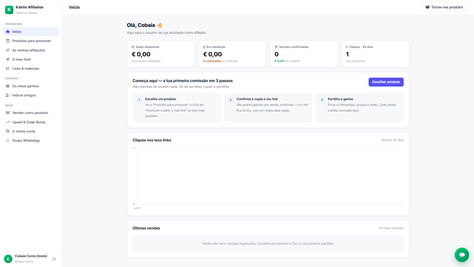 Real dashboard of the Kairós Afiliados platform