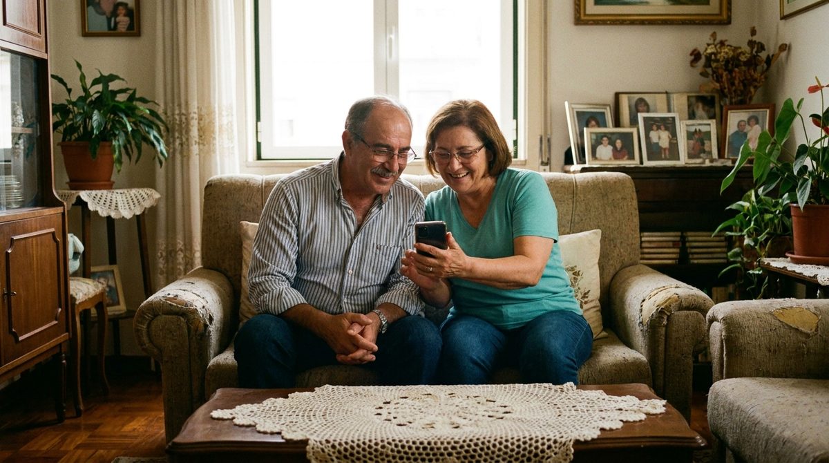 Casal sénior a usar a NutriIA no telemóvel, no sofá