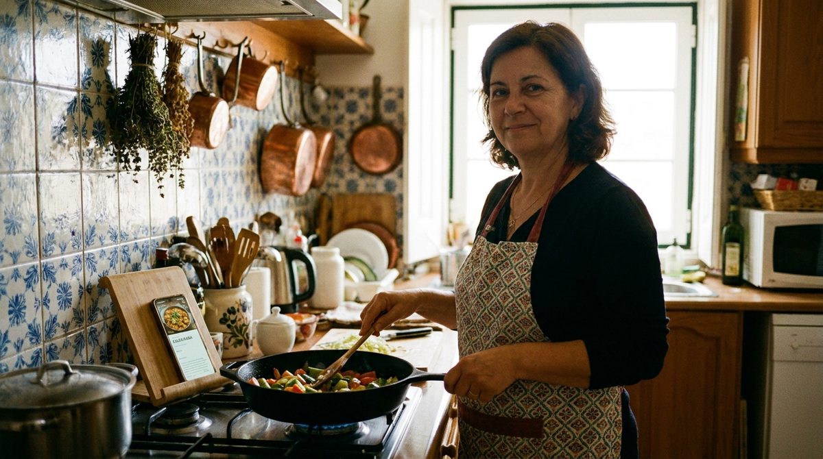 Mulher a cozinhar com a receita da NutriIA no telemóvel