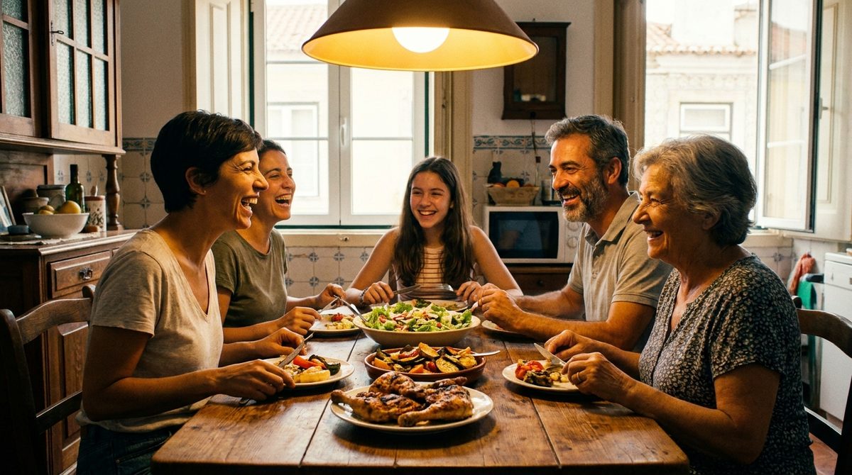 Família portuguesa a jantar e a rir à mesa