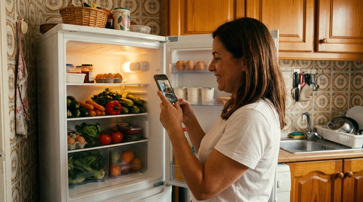 Mulher a fotografar o frigorífico com o telemóvel