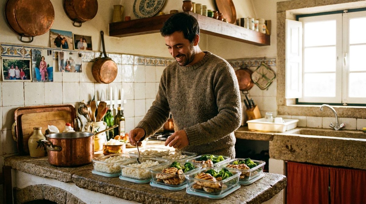 Homem a preparar marmitas saudáveis para a semana