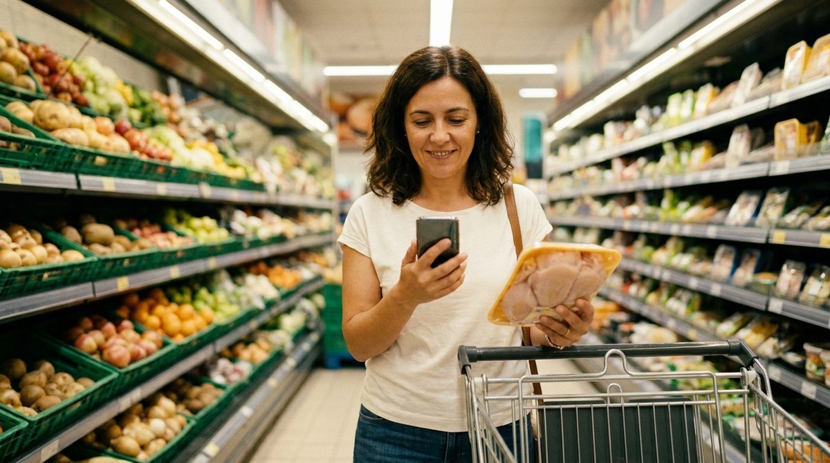 Mulher a comparar preços no supermercado com a NutriIA no telemóvel