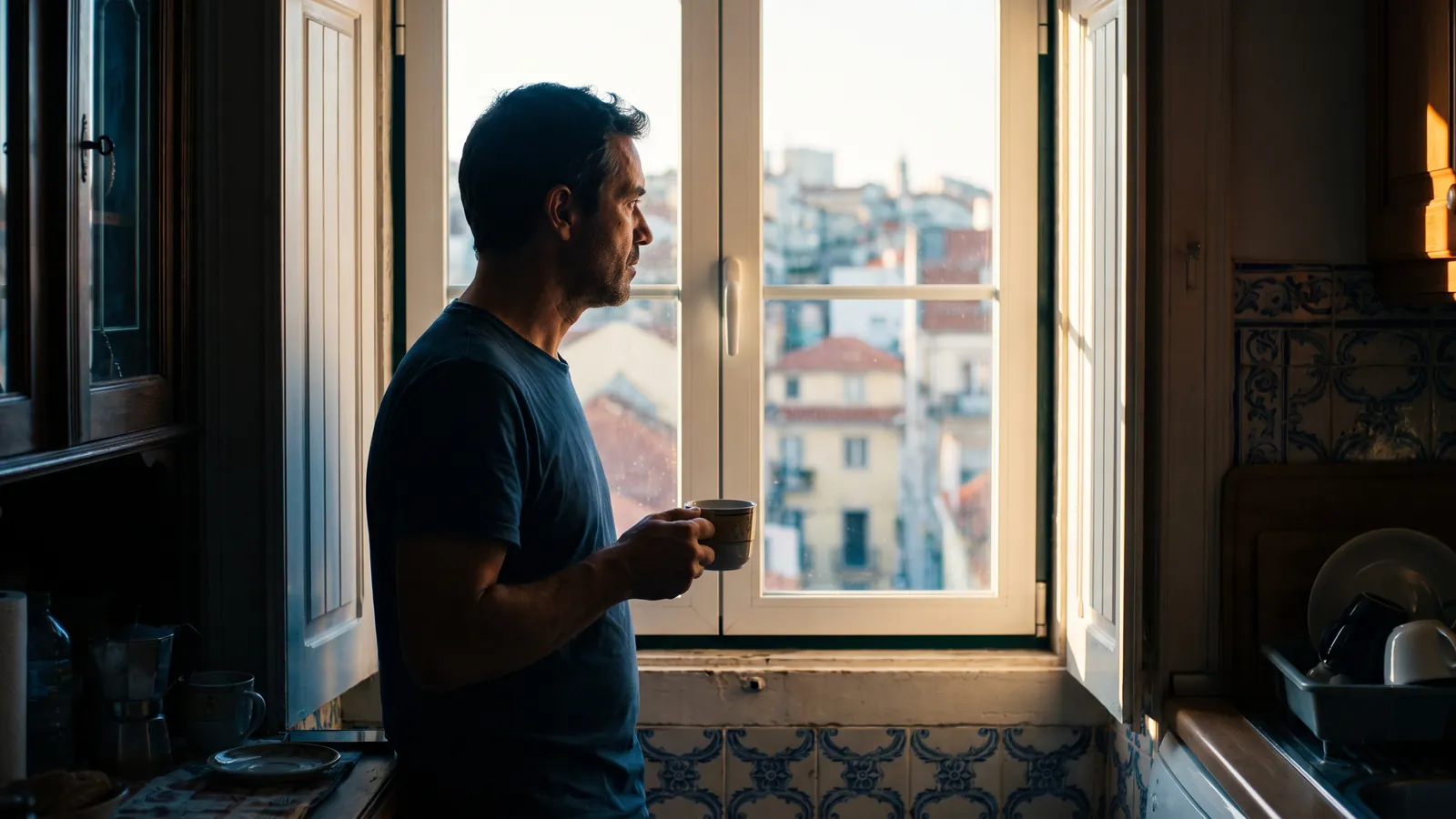 Homem à janela com um café, de manhã, sobre os telhados da cidade