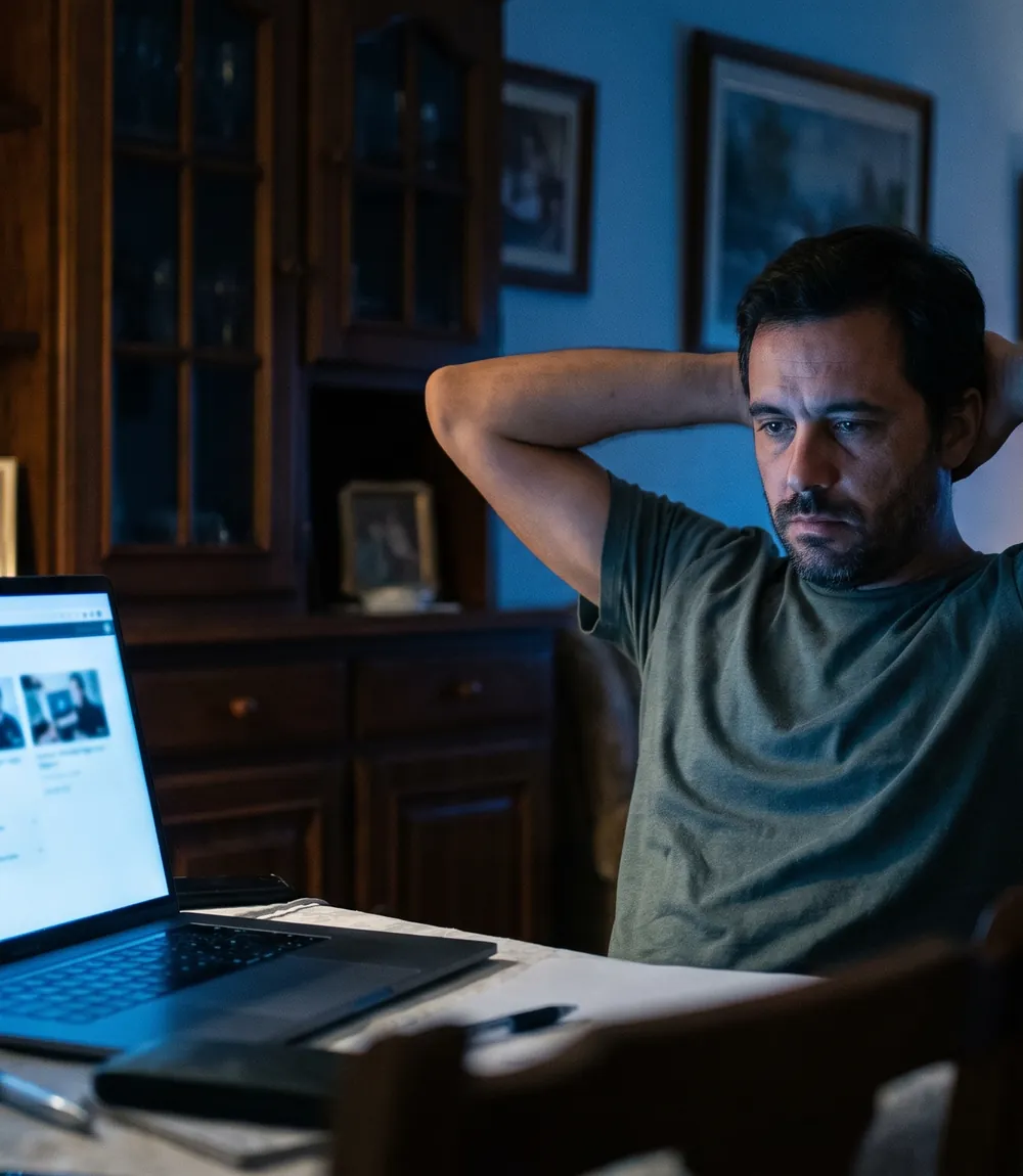 Homem sentado ao portátil à noite, a olhar para os resultados de uma campanha