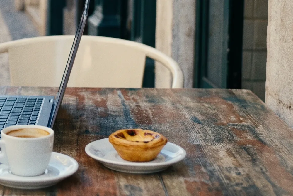 Portátil, café e um pastel de nata em cima de uma mesa de esplanada
