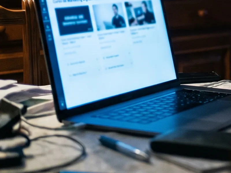 Portátil aberto num curso online, à noite, com papéis à volta
