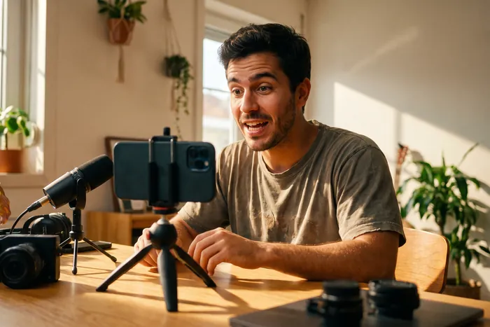 Criador de conteúdos a gravar em casa com telemóvel e microfone